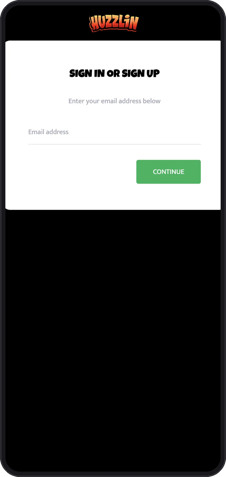 Huzzlin Casino login screen on mobile